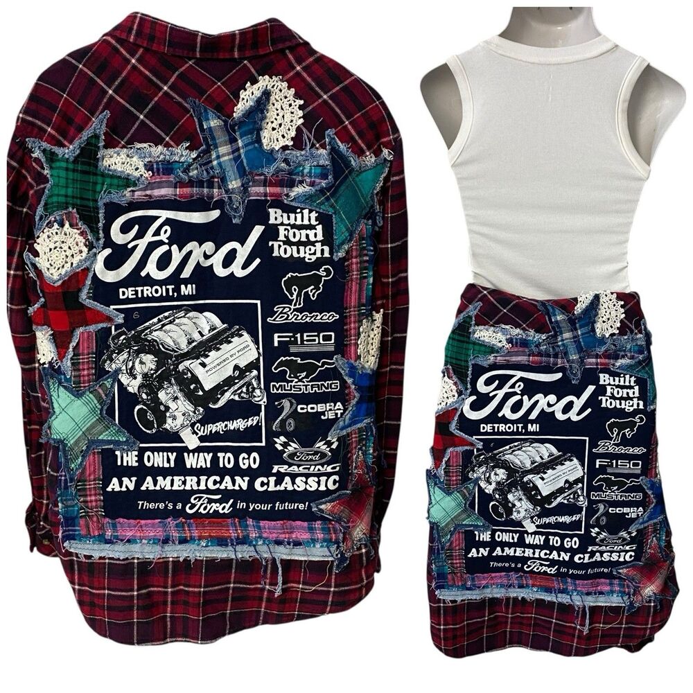 Upcycled Flannel Shirt Shacket Womens 1X Mechanic Grunge Patchwork Folk Art - Picture 2 of 16